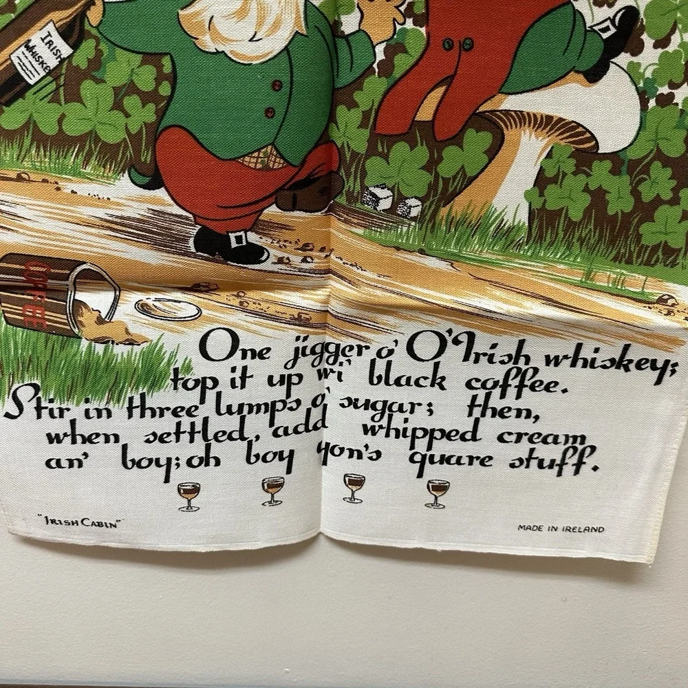 Vtg Irish Linen Tea Towel Gaelic Coffee Leprechaun Wall Hanging Made Ireland
